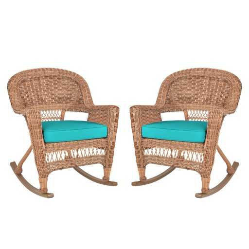 Honey Rocker Wicker Chair with Turquoise Cushion -  Set of 2