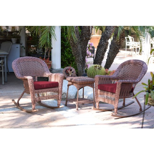 3pc Honey Rocker Wicker Chair Set With Red Cushion