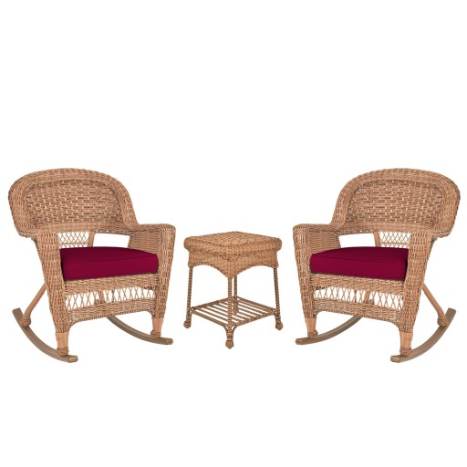 3pc Honey Rocker Wicker Chair Set With Red Cushion