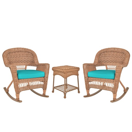 3pc Honey Rocker Wicker Chair Set With Turquoise Cushion