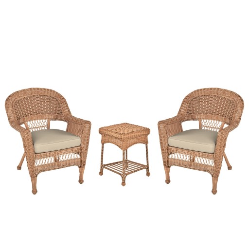 Honey Wicker Chair And End Table Set With Tan Chair Cushion