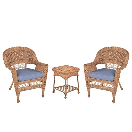 Honey Wicker Chair And End Table Set With Steel Blue Chair Cushion