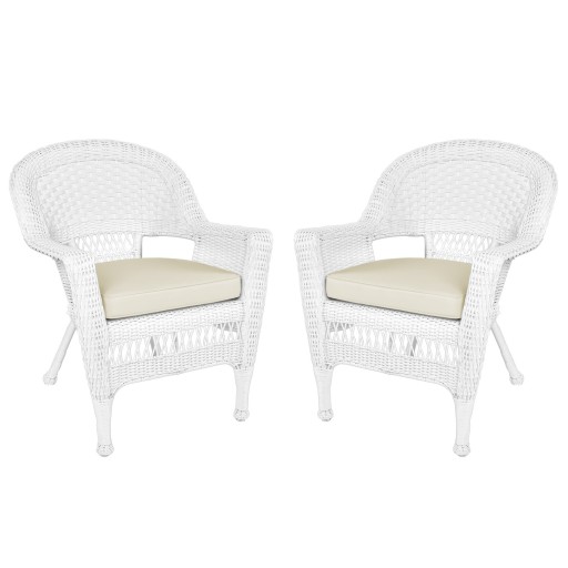 White Wicker Chair With Ivory Cushion - Set of 2