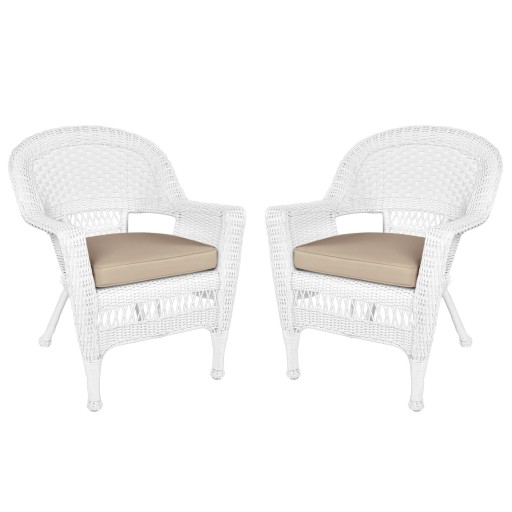White Wicker Chair With Tan Cushion - Set of 2