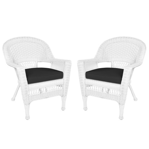 White Wicker Chair With Black Cushion - Set of 2