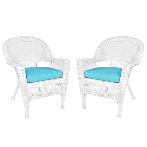 White Wicker Chair With Sky Blue Cushion - Set of 2
