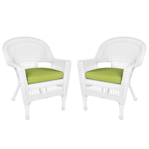 White Wicker Chair With Sage Green Cushion - Set of 2