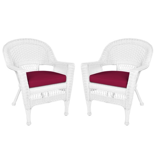 White Wicker Chair With Red Cushion - Set of 2