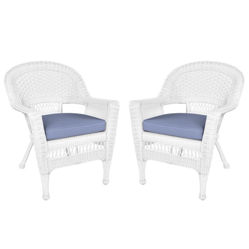 White Wicker Chair With Steel Blue Cushion - Set of 2