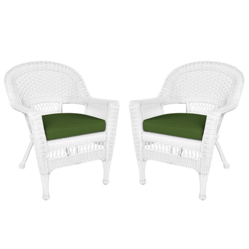 White Wicker Chair With Hunter Green Cushion - Set of 2