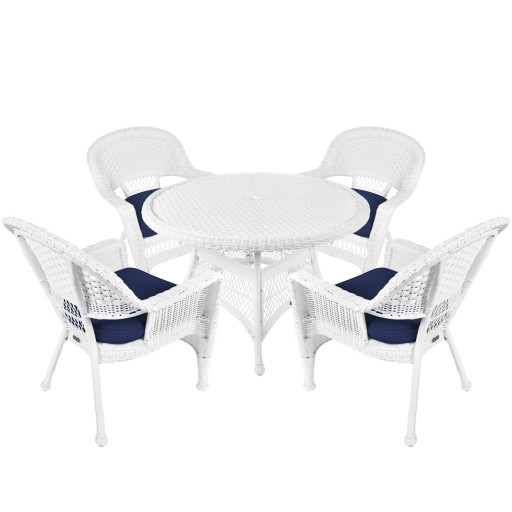 5pc White Wicker Dining Set - Midnight Blue Cushions