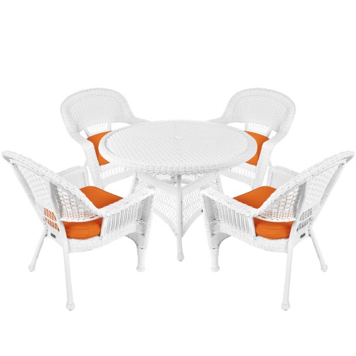 5pc White Wicker Dining Set - Orange Cushions