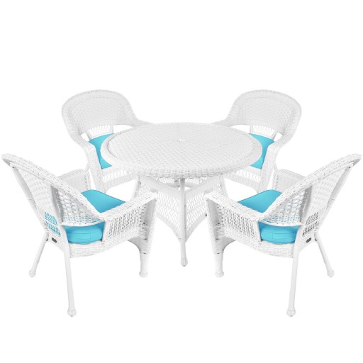 5pc White Wicker Dining Set - Sky Blue Cushions