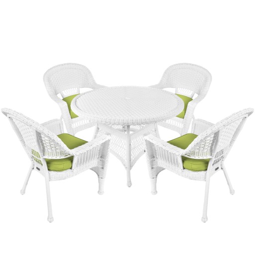 5pc White Wicker Dining Set - Sage Green Cushions