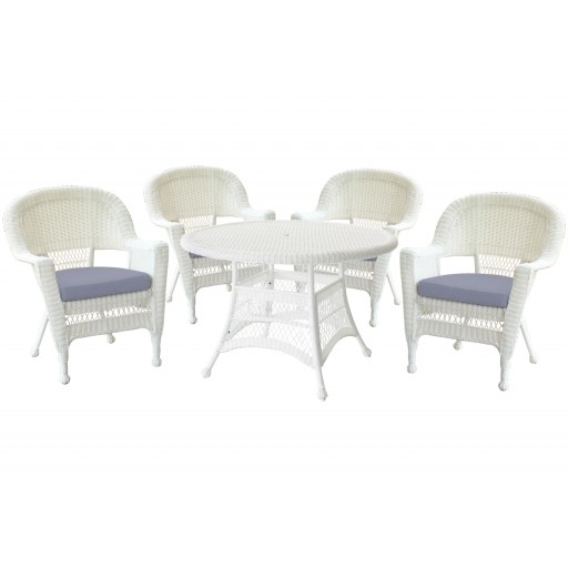 5pc White Wicker Dining Set - Steel Blue Cushions