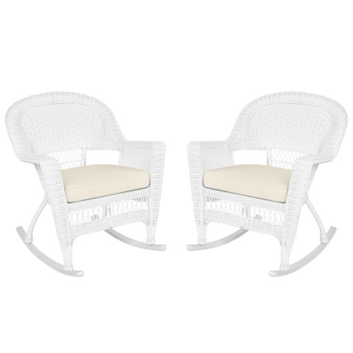 White Rocker Wicker Chair with Ivory Cushion-  Set of 2
