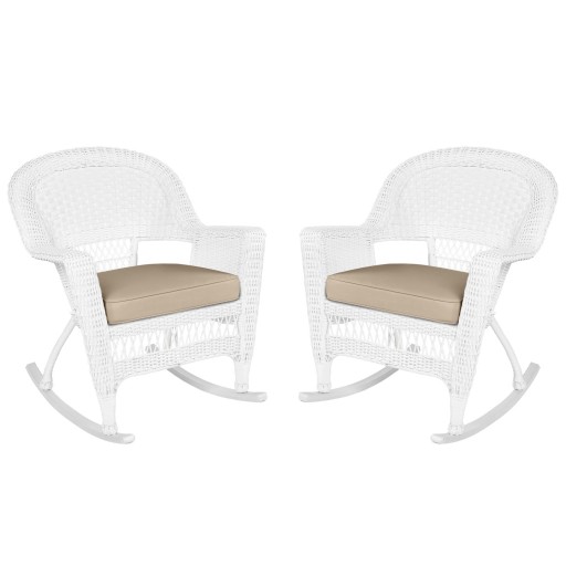 White Rocker Wicker Chair with Tan Cushion-  Set of 2