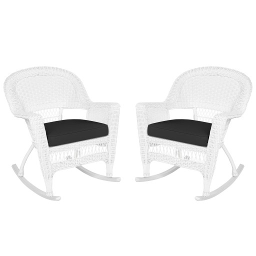 White Rocker Wicker Chair with Black Cushion-  Set of 2