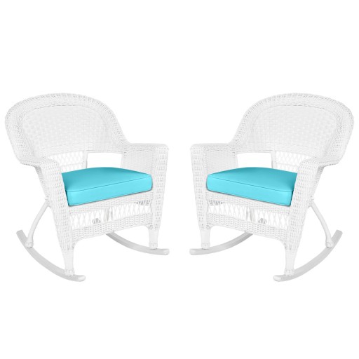 White Rocker Wicker Chair with Sky Blue Cushion-  Set of 2