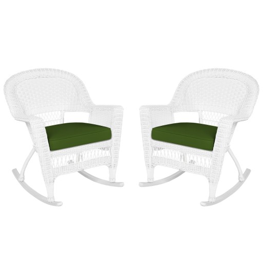 White Rocker Wicker Chair with Hunter Green Cushion-  Set of 2