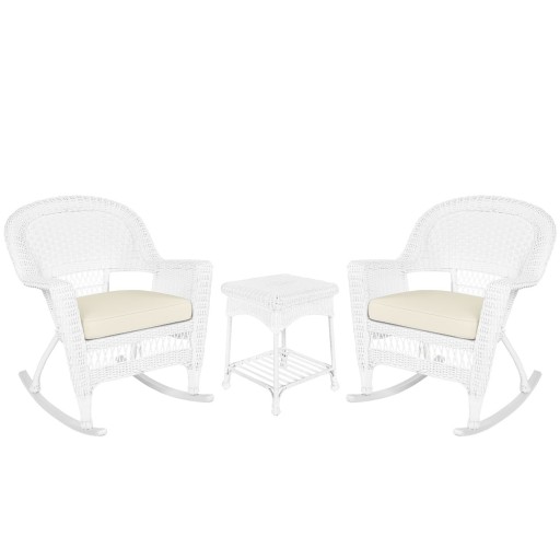 3pc White Rocker Wicker Chair Set With Ivory Cushion