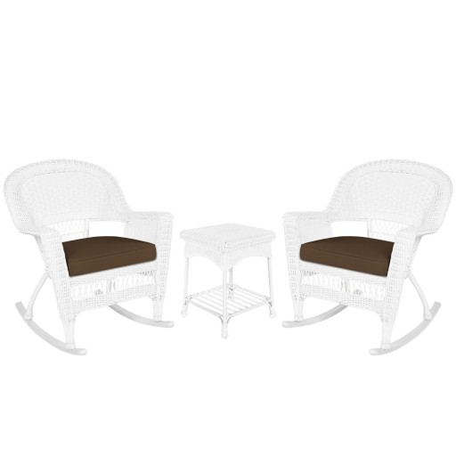 3pc White Rocker Wicker Chair Set With Brown Cushion