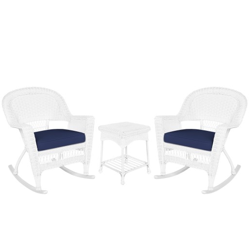 3pc White Rocker Wicker Chair Set With Midnight Blue Cushion