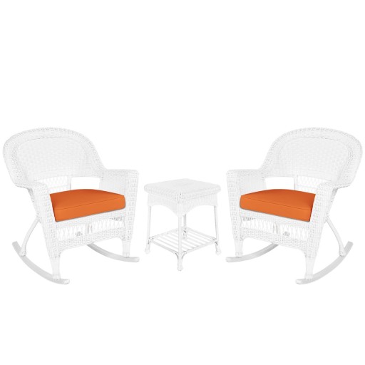 3pc White Rocker Wicker Chair Set With Orange Cushion