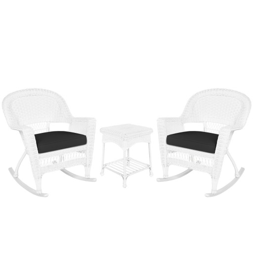 3pc White Rocker Wicker Chair Set With Black Cushion