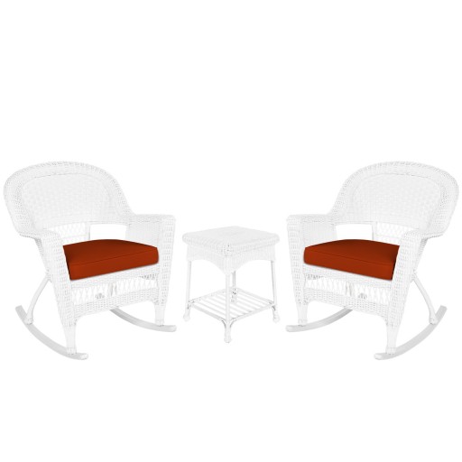 3pc White Rocker Wicker Chair Set With Brick Red Cushion