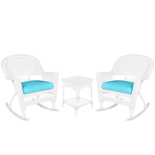 3pc White Rocker Wicker Chair Set With Sky Blue Cushion