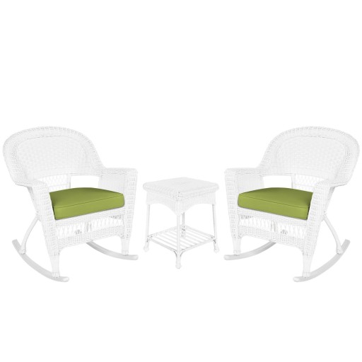 3pc White Rocker Wicker Chair Set With Sage Green Cushion