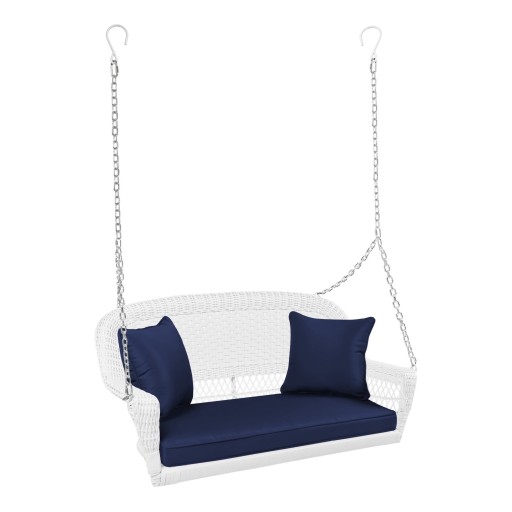 White Resin Wicker Porch Swing with Midnight Blue Cushion