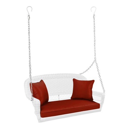 White Resin Wicker Porch Swing with Brick Red Cushion