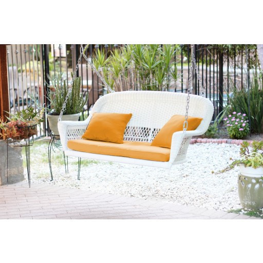 White Resin Wicker Porch Swing with Mustard Cushion