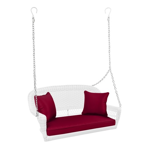 White Resin Wicker Porch Swing with Red Cushion
