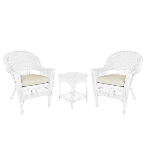 White Wicker Chair And End Table Set With Ivory Chair Cushion