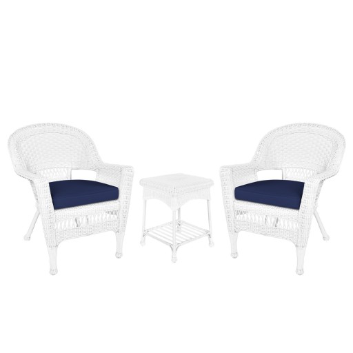 White Wicker Chair And End Table Set With Midnight Blue Chair Cushion