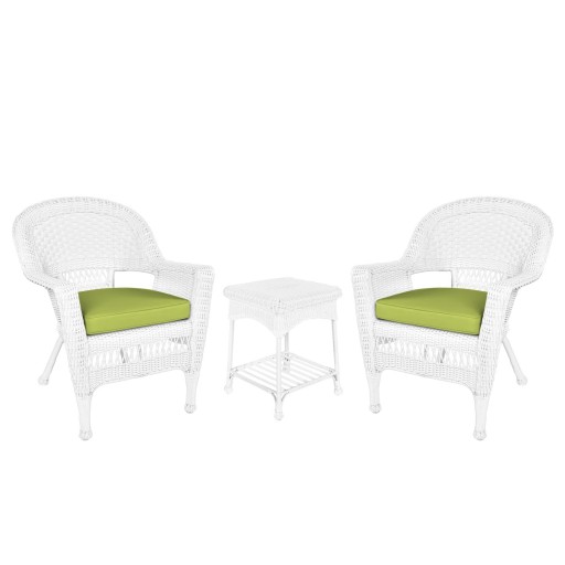 White Wicker Chair And End Table Set With Sage Green Chair Cushion