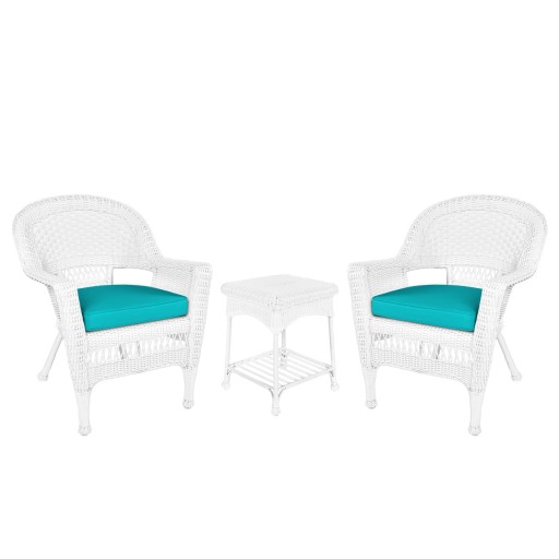 White Wicker Chair And End Table Set With Turquoise Chair Cushion