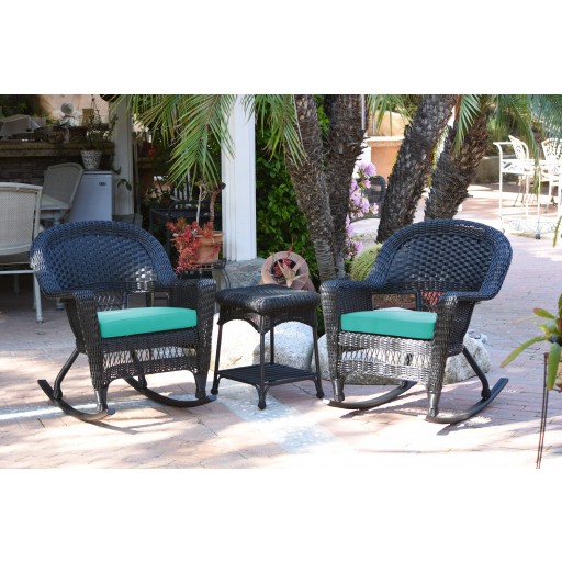 3pc Black Rocker Wicker Chair Set With Turquoise Cushion