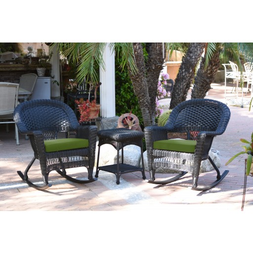 3pc Black Rocker Wicker Chair Set With Hunter Green Cushion