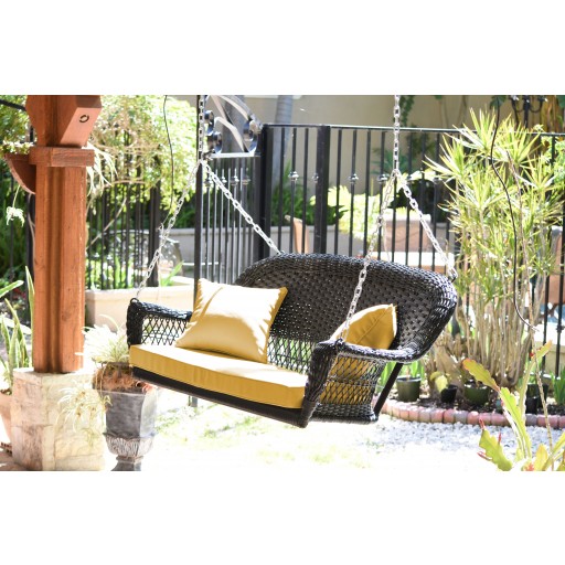Black Resin Wicker Porch Swing with Mustard Cushion