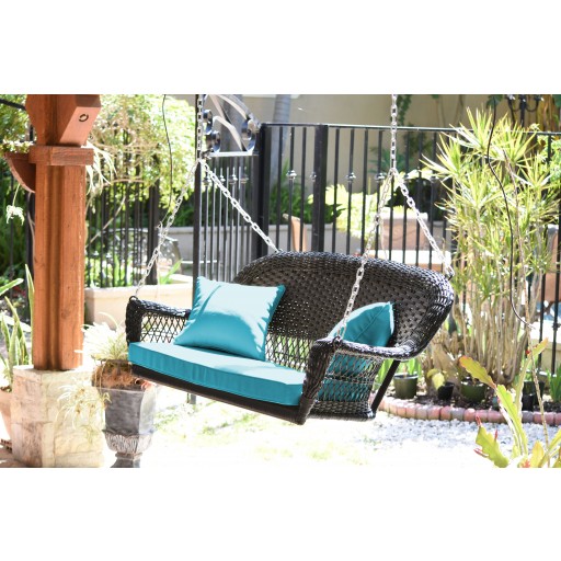 Black Resin Wicker Porch Swing with Sky Blue Cushion