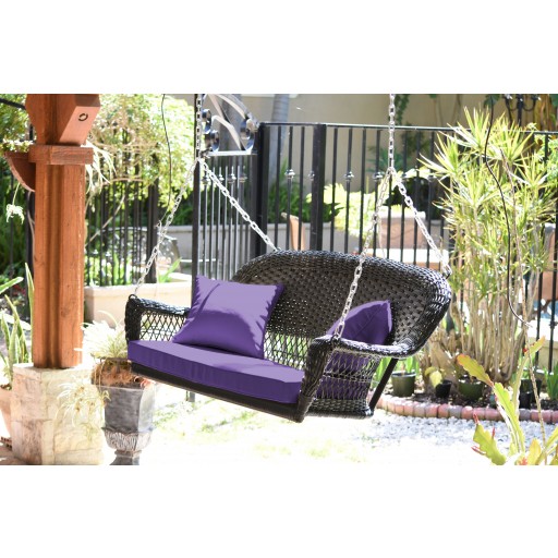 Black Resin Wicker Porch Swing with Purple Cushion