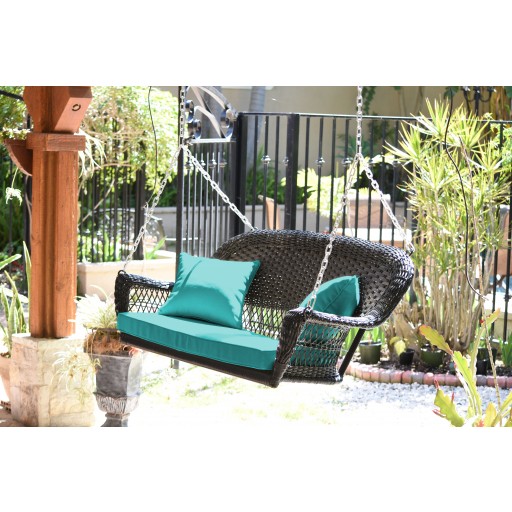 Black Resin Wicker Porch Swing with Turquoise Cushion