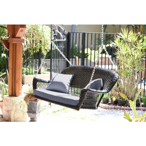 Black Resin Wicker Porch Swing with Steel Blue Cushion