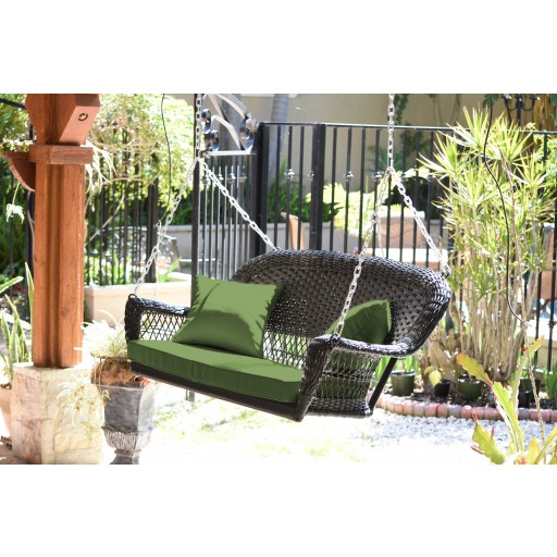 Black Resin Wicker Porch Swing with Hunter Green Cushion