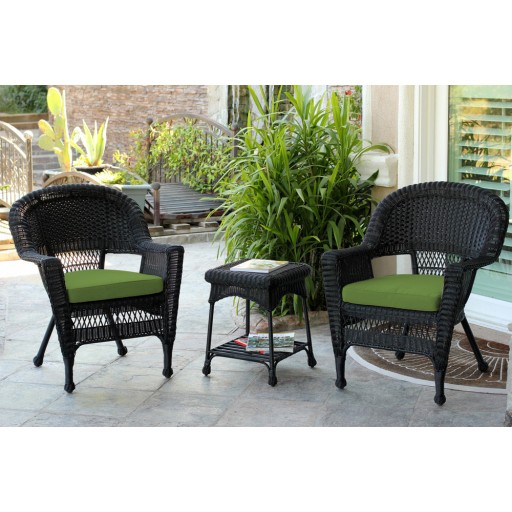 Black Wicker Chair And End Table Set With Hunter Green Cushion