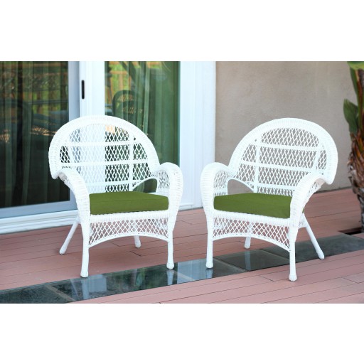 Santa Maria White Wicker Chair with Hunter Green Cushion - Set of 2